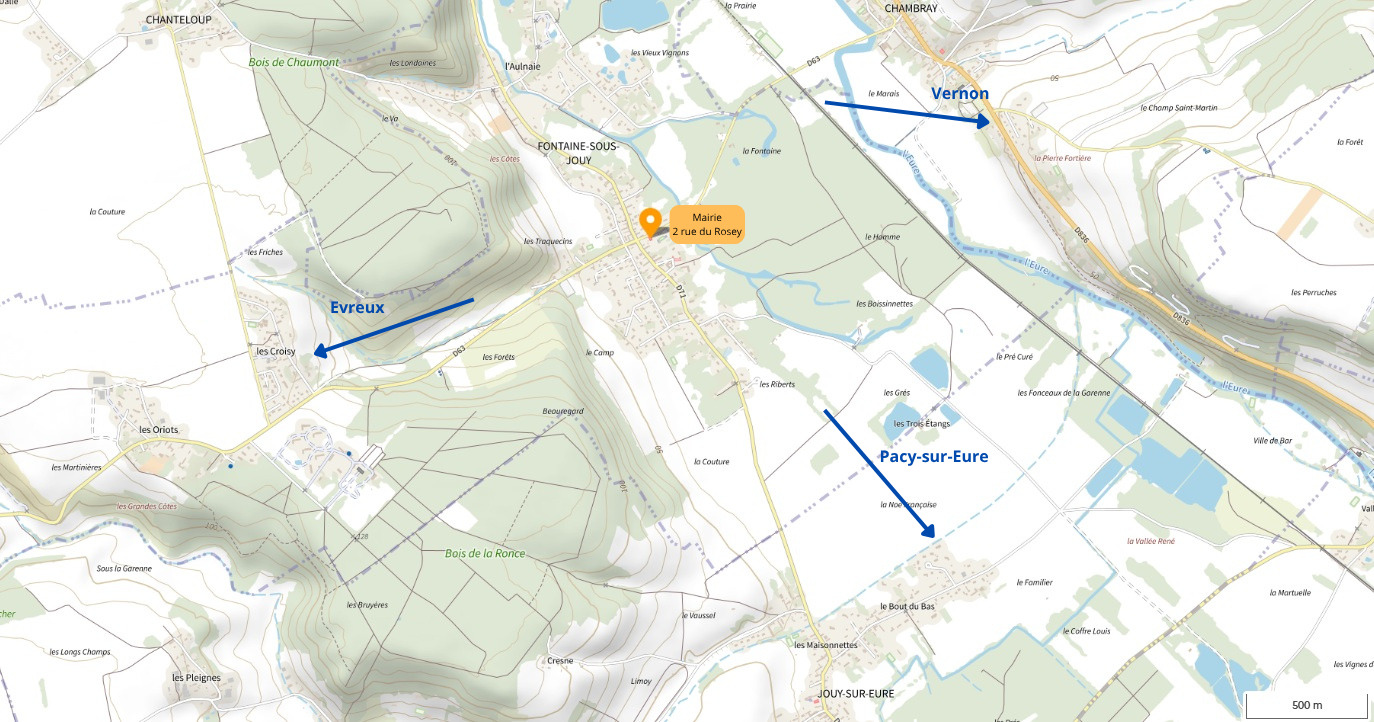 Plan d’accès à la mairie de Fontaine-sous-Jouy, 2 rue du Rosey, au centre du village. Trois flèches indiquent les directions : Vernon au nord-est, Évreux à l’ouest, Pacy-sur-Eure au sud-est.